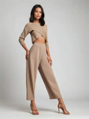 Dames set 3-delig – comfortabel elegant pak met blouse, trui en wijde broek