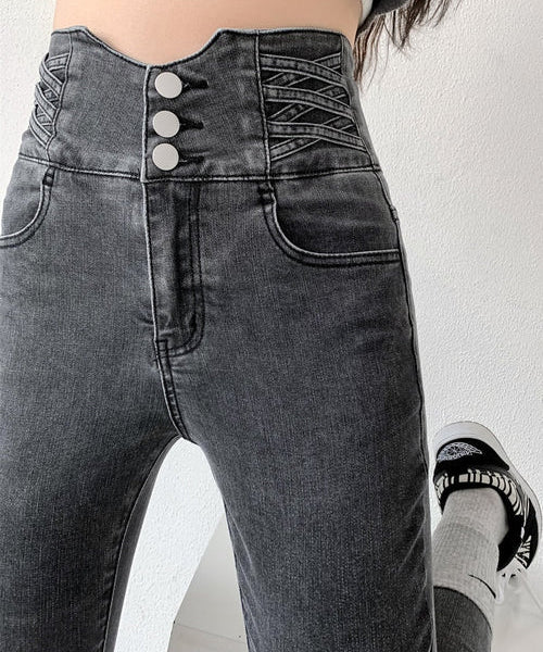 Dames Skinny Jeans – Hoge Taille Jeans met Vintage Knoopsluiting en Stretch