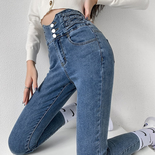 Dames Skinny Jeans – Hoge Taille Jeans met Vintage Knoopsluiting en Stretch