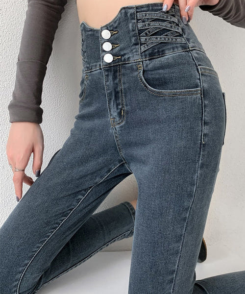 Dames Skinny Jeans – Hoge Taille Jeans met Vintage Knoopsluiting en Stretch