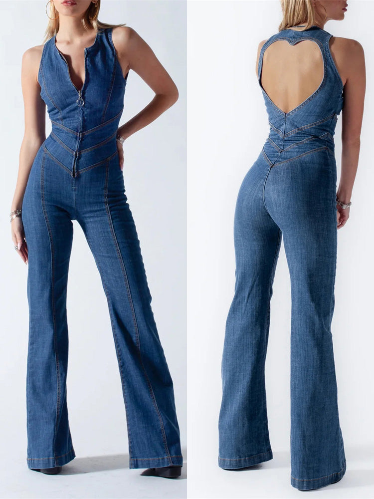 Amalia dames jumpsuit | Denim jumpsuit met open rug | Elegante zomer one-piece