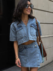 ASHLEY dames denim set – top & skort outfit in licht of donker denim