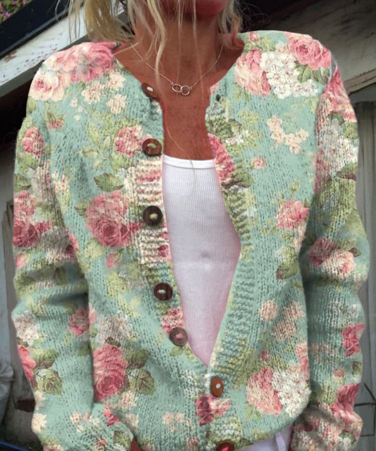 Gebreide Cardigan Dames – Vest met Knopen & Bloemenprint | Comfortabele Damestrui