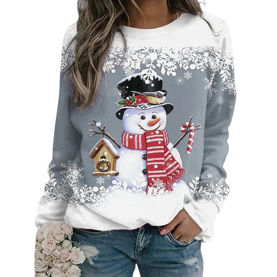Cosy Sweater met Sneeuwpopprint voor Dames – Warme Wintertrui met Feestelijke Stijl