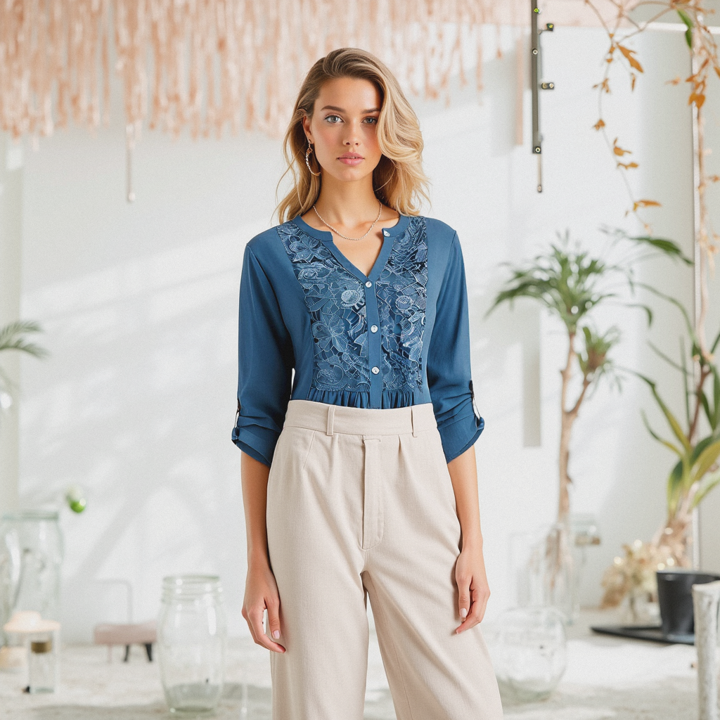 Elara Luchtige Lange Blouse – Damesblouse met Trendy Pofmouwen