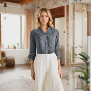 Elara Luchtige Lange Blouse – Damesblouse met Trendy Pofmouwen