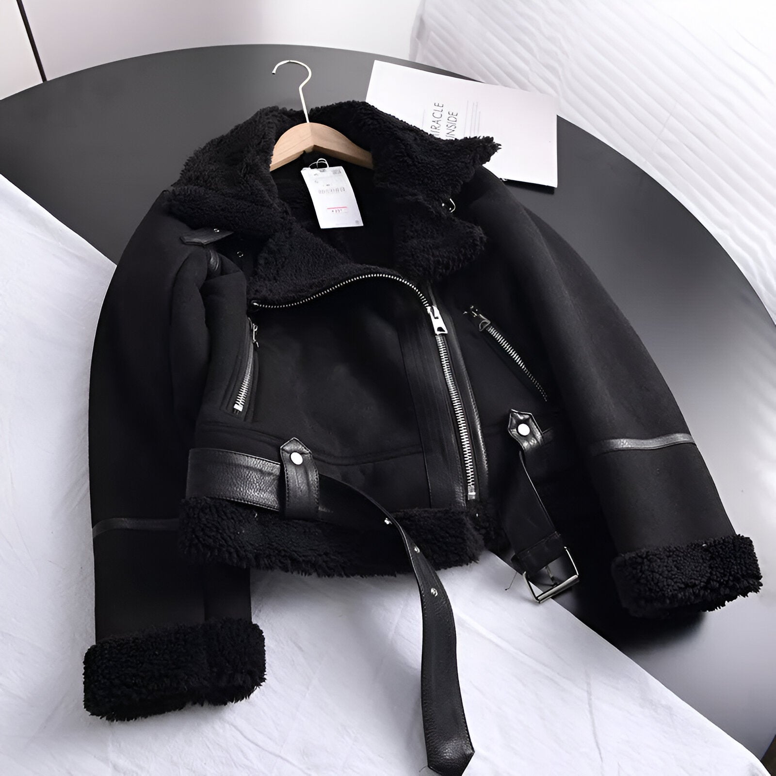 Bikerjas Dames met Imitatiebont | Oversized Suède Look & Taille-riem