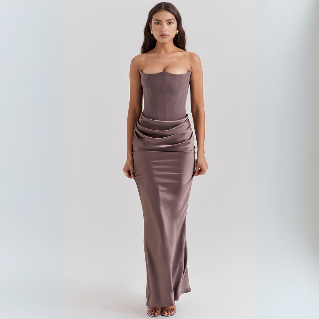 Loravelle dames satijnen strapless corsetjurk – elegante maxi-jurk met geplooid detail