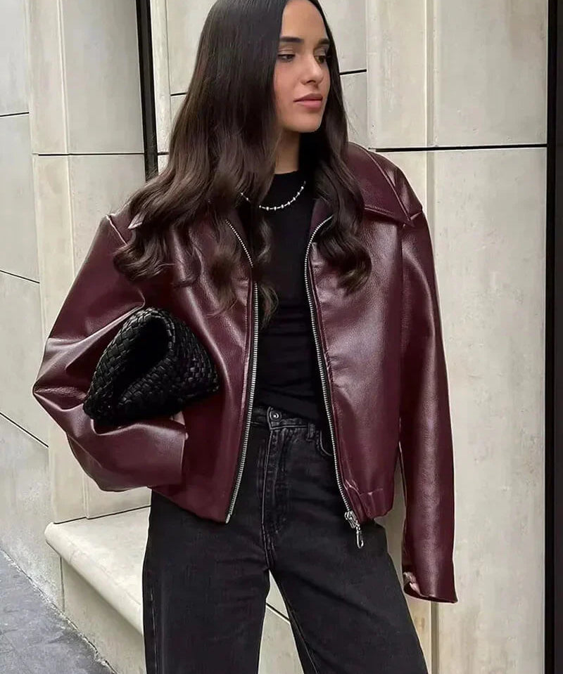 Burgundy Leren Jas Dames – Stijlvolle PU-Leren Jas met Rits & Moderne Pasvorm