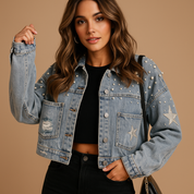 Yara Cropped Denim Jas Dames – Korte Spijkerjas met Knoopsluiting & Voorzakken