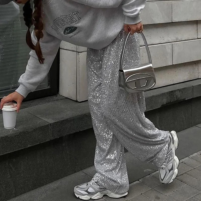 Elegante Wijde Pantalon met Pailletten voor Dames – Luxe Statement Broek