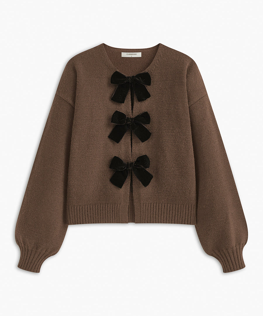 LUCILLE dames gebreide herfsttrui met velvet strik & lantern mouwen