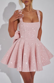 Paillettentweed mini jurk dames – feestelijke cirkelrok dress met strikdetail