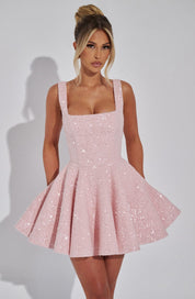 Paillettentweed mini jurk dames – feestelijke cirkelrok dress met strikdetail