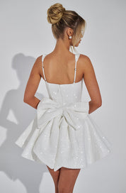 Paillettentweed mini jurk dames – feestelijke cirkelrok dress met strikdetail