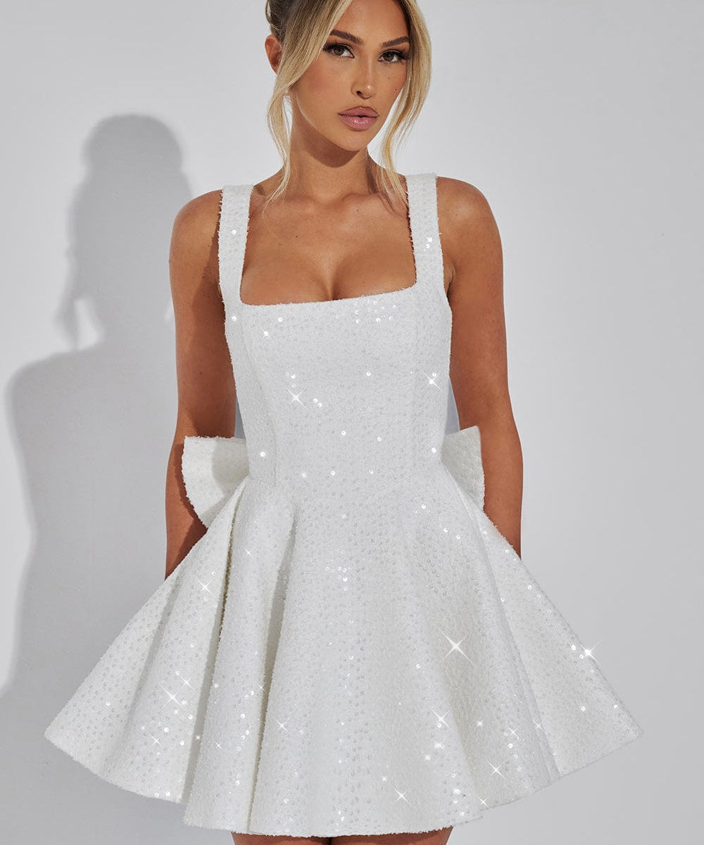 Paillettentweed mini jurk dames – feestelijke cirkelrok dress met strikdetail