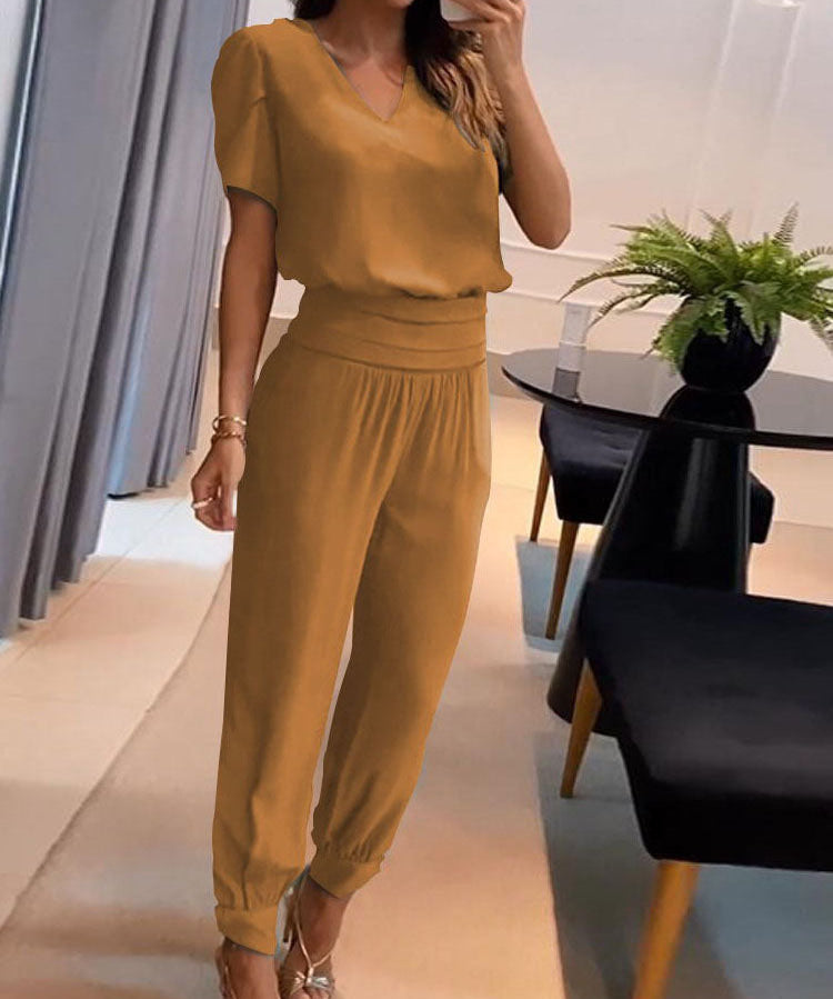 UrbanElegance dames set – blouse met pofmouwen & broek met elastische taille