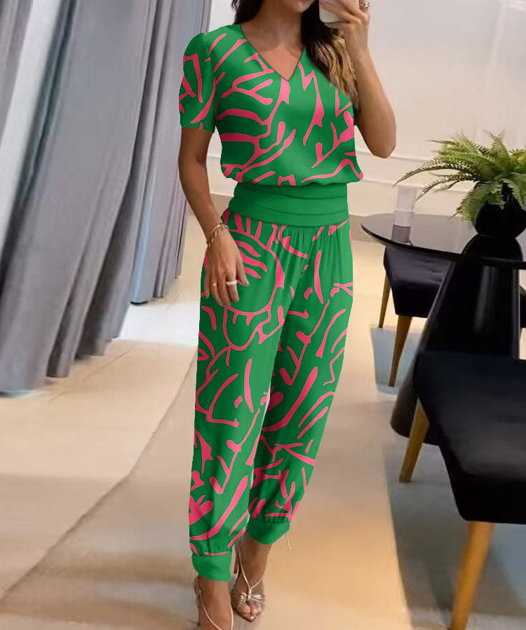 UrbanElegance dames set – blouse met pofmouwen & broek met elastische taille