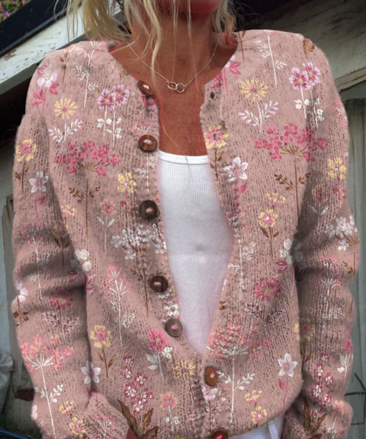 Gebreide Cardigan Dames – Vest met Knopen & Bloemenprint | Comfortabele Damestrui