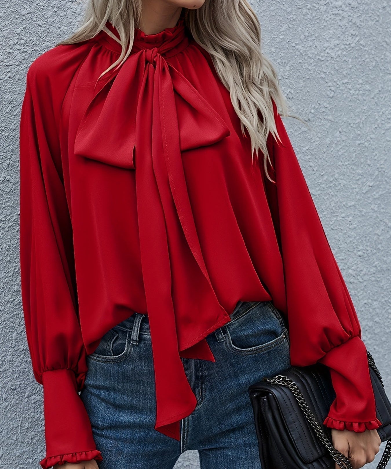 Elegante Damesblouse – Blouse met Strikdetail, Ruches en Soepele Pasvorm