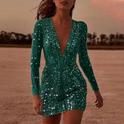 Pailletten mini jurk dames – Loravelle feestjurk met V-hals en lange mouwen