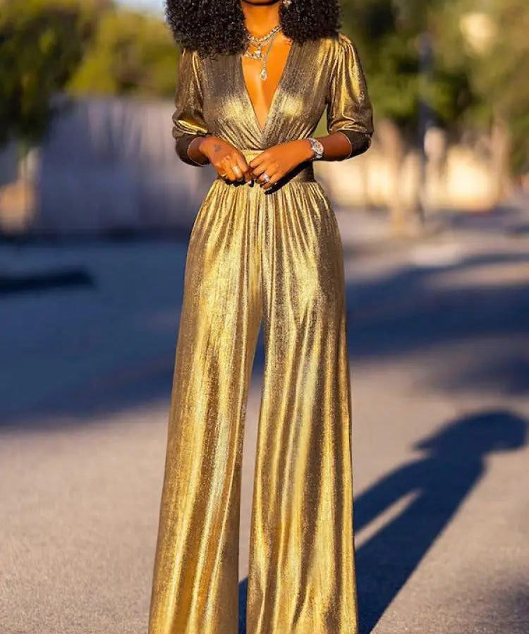 HELENA dames jumpsuit – glanzende avond jumpsuit met V-hals & wijde pijpen