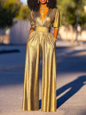 HELENA dames jumpsuit – glanzende avond jumpsuit met V-hals & wijde pijpen