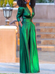 HELENA dames jumpsuit – glanzende avond jumpsuit met V-hals & wijde pijpen