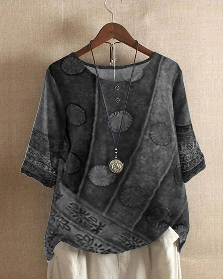 Rita Stijlvolle Top Dames – Luchtige herfst top met Kleurrijke Wijnoogstprint