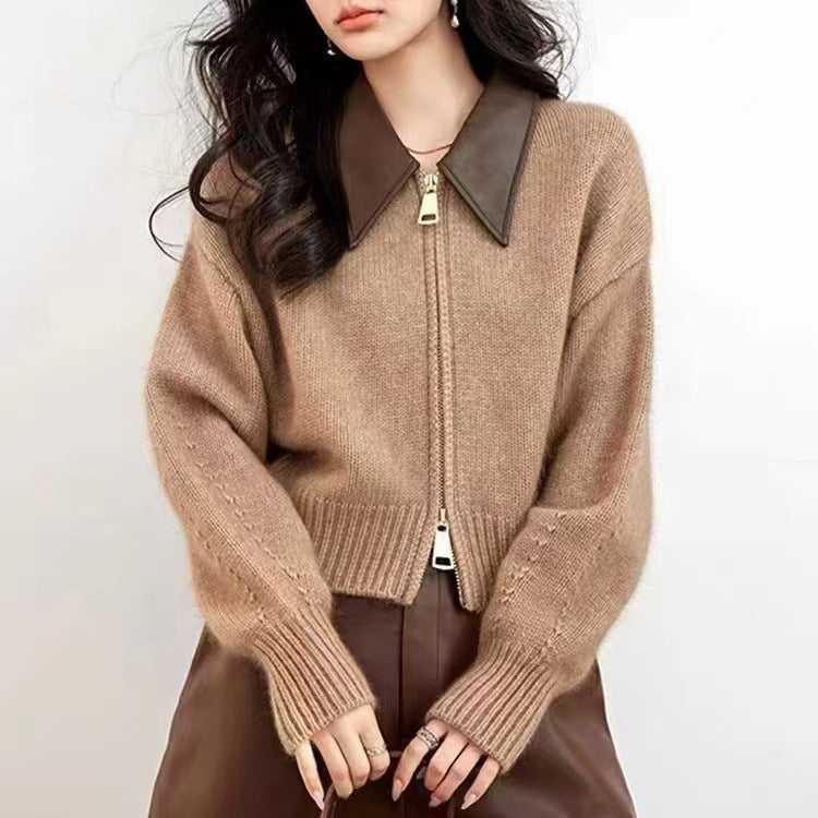 Dames gebreid vestjack – cropped model met leren kraag & ritssluiting