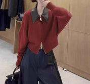 Dames gebreid vestjack – cropped model met leren kraag & ritssluiting