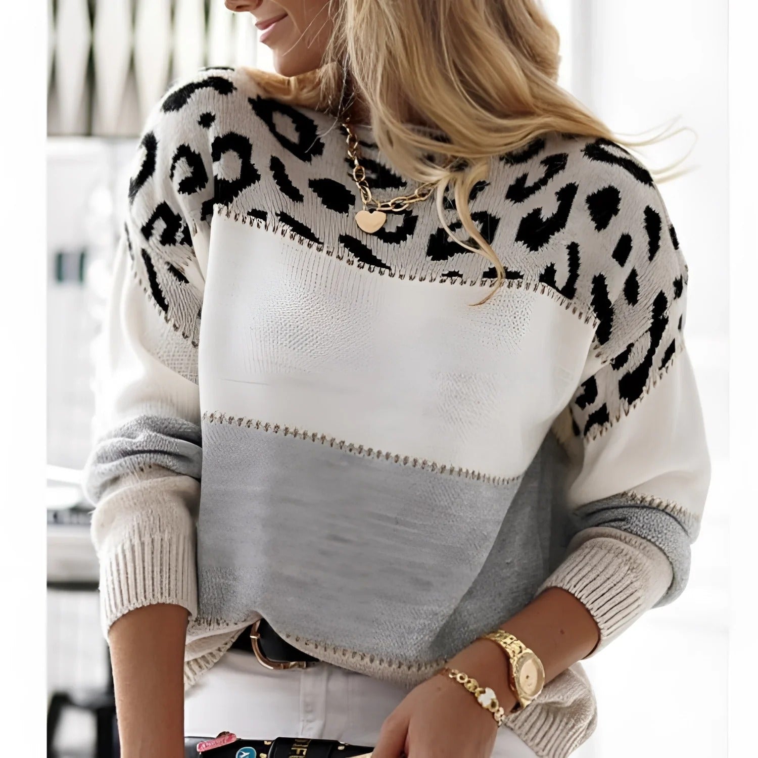 Dames sweatshirt met dierenprint & colorblock | Gebreid, relaxed fit & lange mouwen
