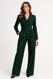 Luxe blazer jumpsuit dames – elegante V-hals jumpsuit met wide-leg pasvorm