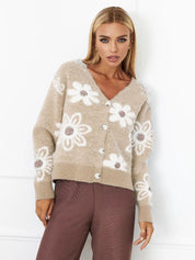 Dames gebreid vest – cropped model met bloemenpatroon & V-hals