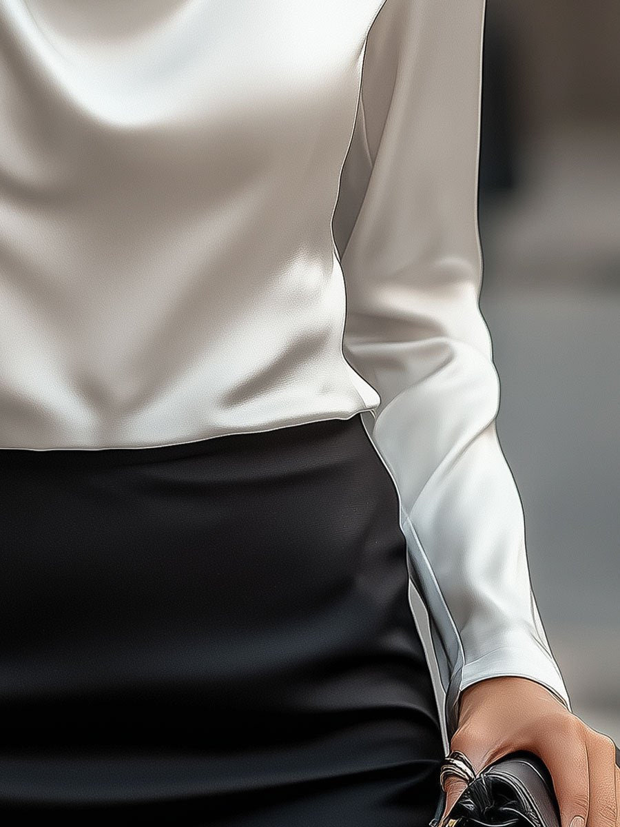 Witte satijnen dames blouse – elegante blouse met watervalhals en luxe uitstraling