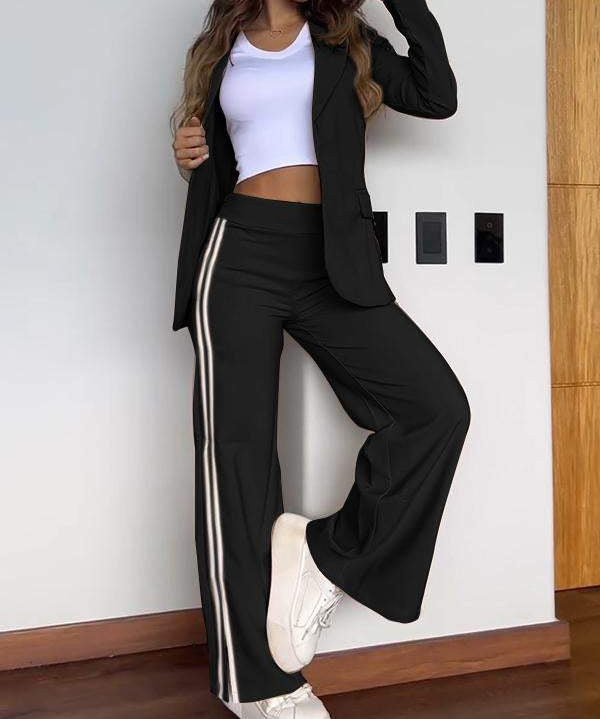 Blazer Broek Set Dames – Luxe Gestreepte Tweedelige Outfit van Katoen