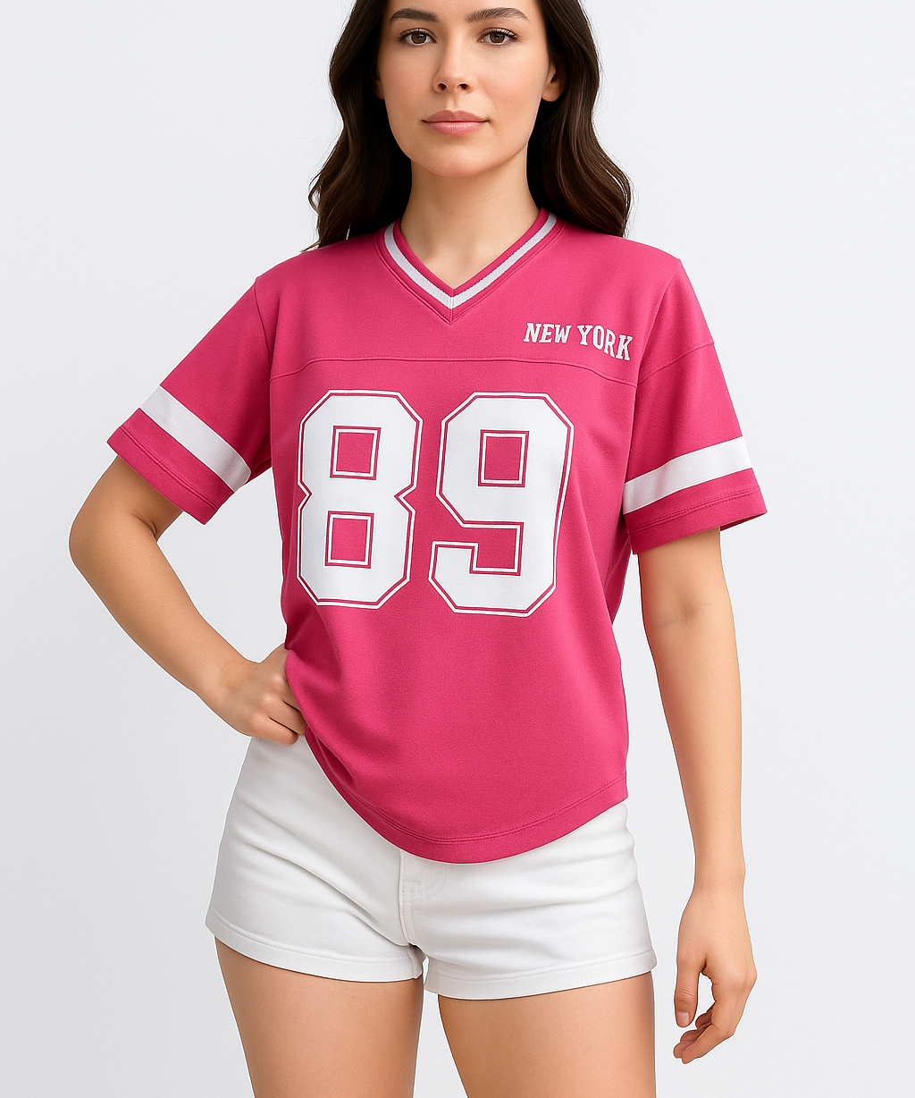 JUUD dames varsity shirt – oversized sportief T-shirt met V-hals & print