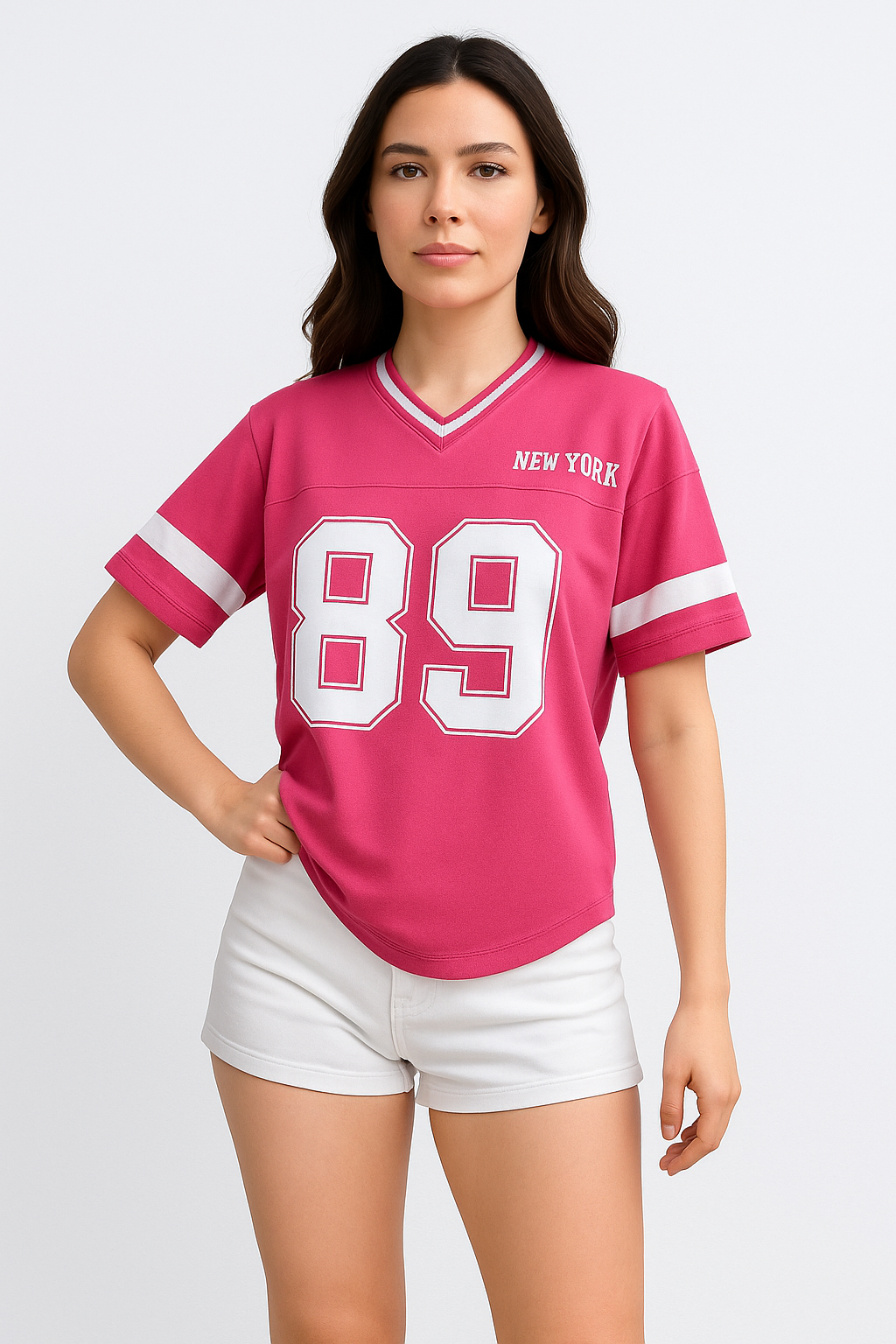JUUD dames varsity shirt – oversized sportief T-shirt met V-hals & print