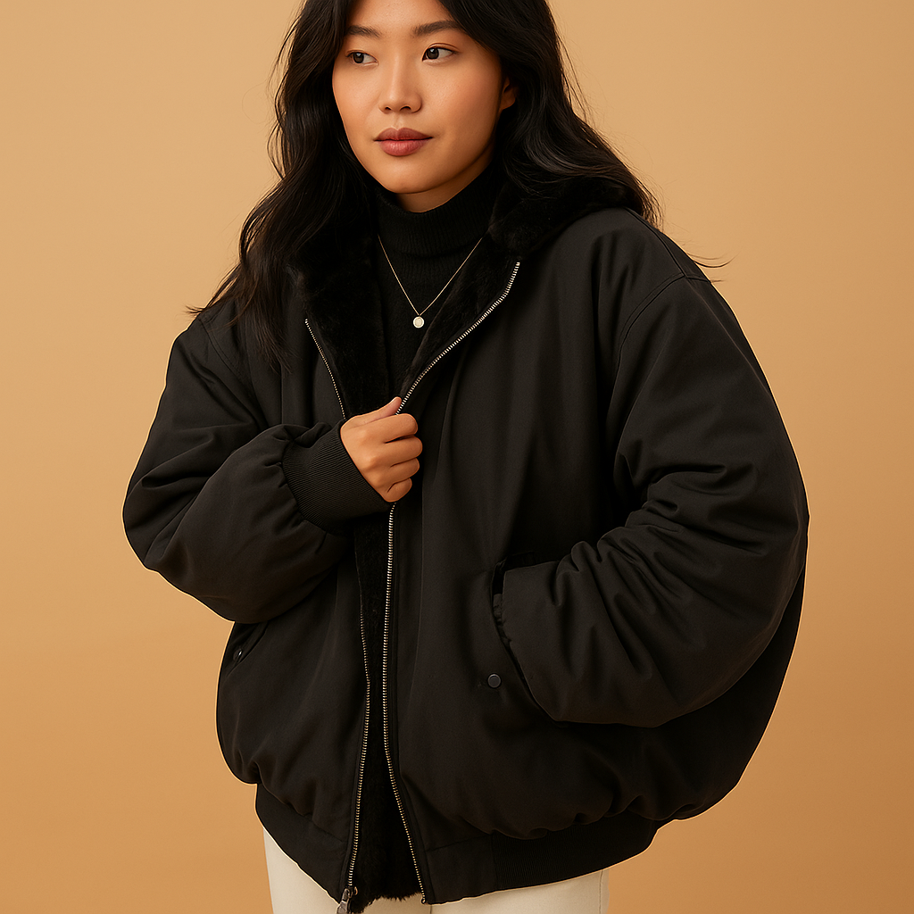 Korte winterjas dames met capuchon – Yara warme jas in zwart, blauw & wit