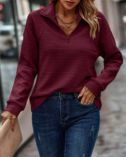 Damestrui – Geribde Trui met Halve Rits, Relaxte Pasvorm en Lange Mouwen