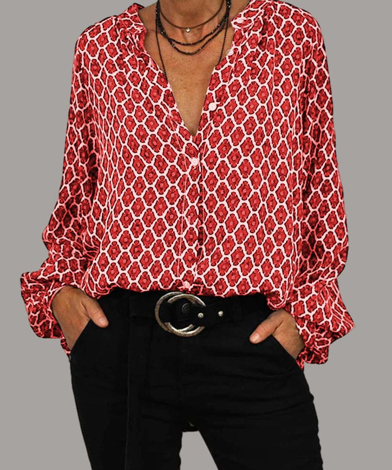 VADA dames blouse – geometrisch patroon met V-hals & lange mouwen