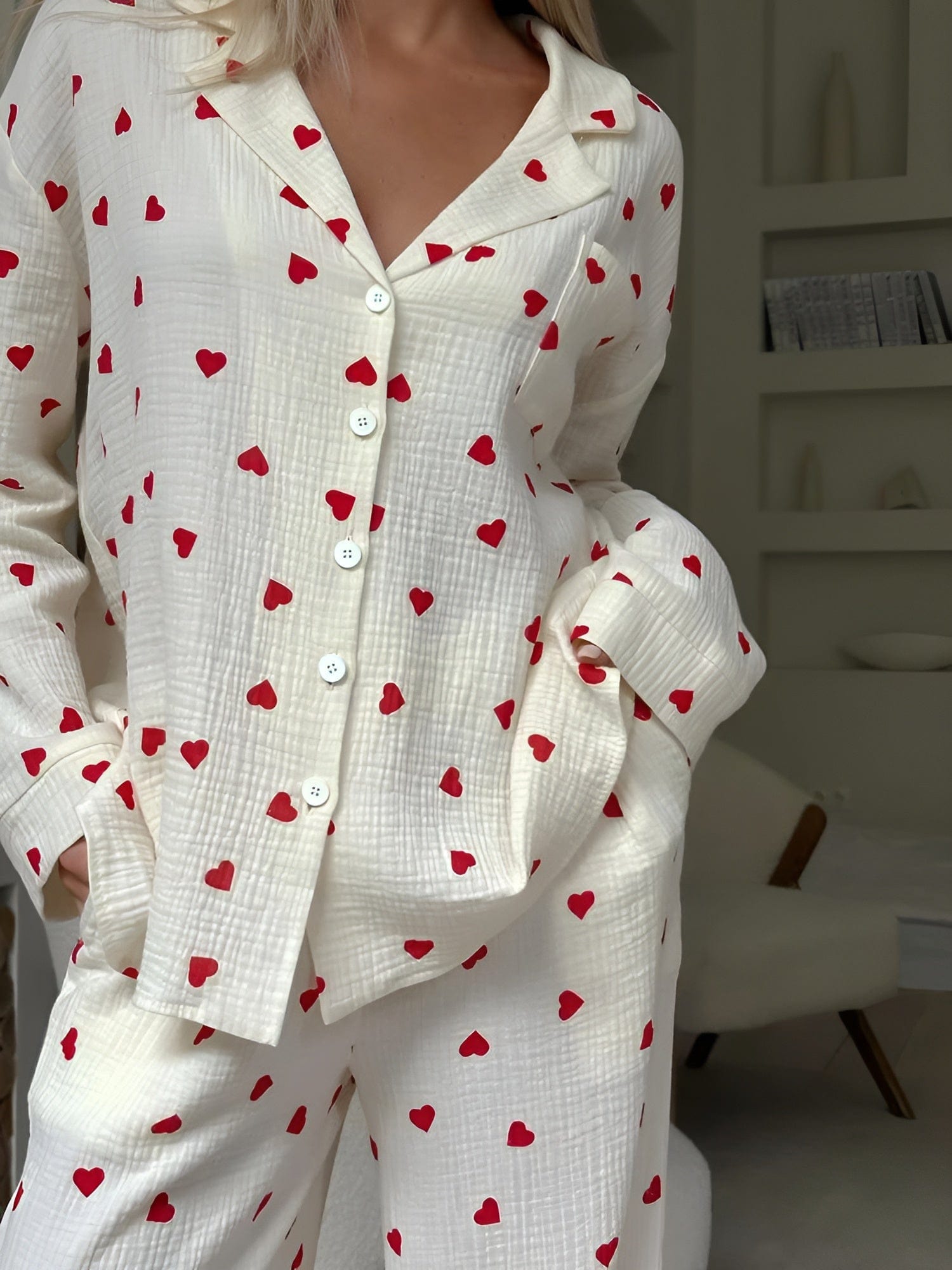 Lola dames pyjama set – katoenen hartjes slaapset zacht & ademend