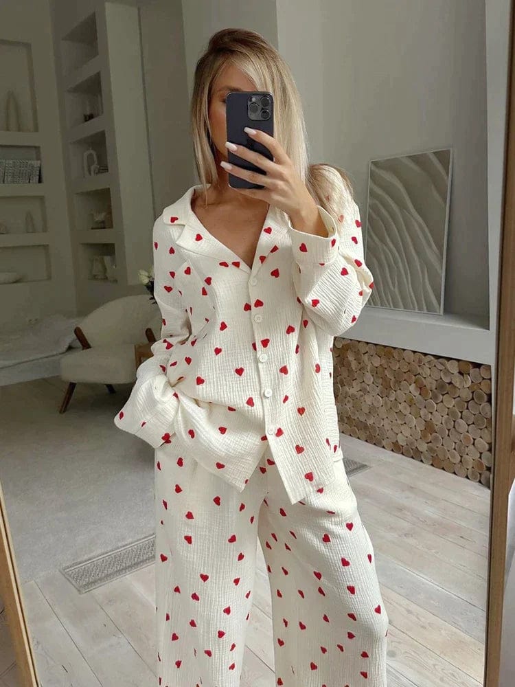 Lola dames pyjama set – katoenen hartjes slaapset zacht & ademend