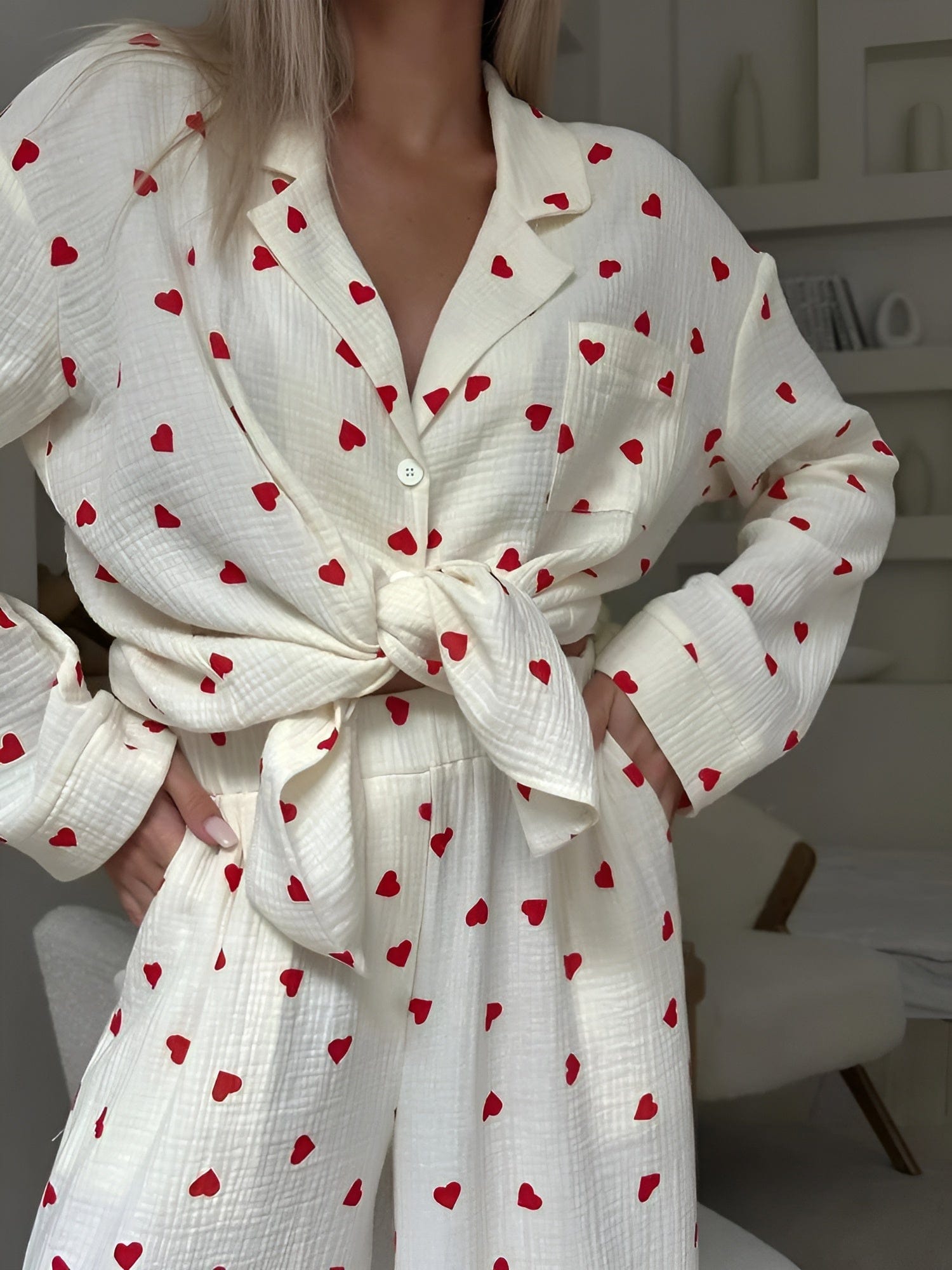 Lola dames pyjama set – katoenen hartjes slaapset zacht & ademend