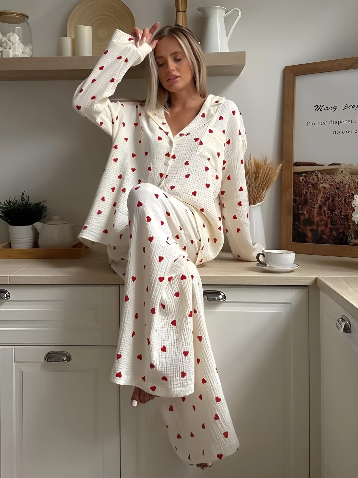 Lola dames pyjama set – katoenen hartjes slaapset zacht & ademend
