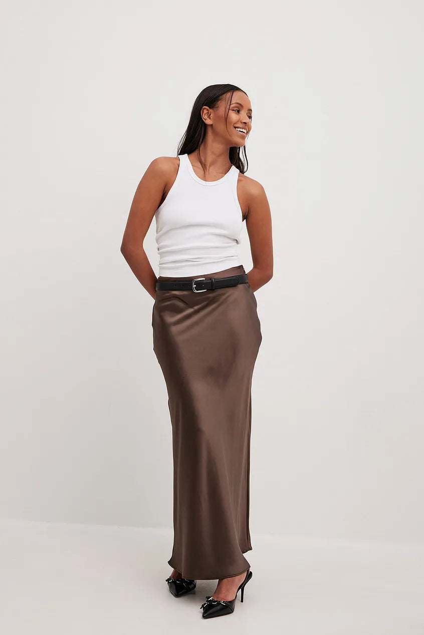 Satijnen Midi-Rok Dames – Elegante Rok met Hoge Taille en Glanzende Afwerking