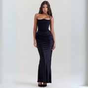 Loravelle dames satijnen strapless corsetjurk – elegante maxi-jurk met geplooid detail