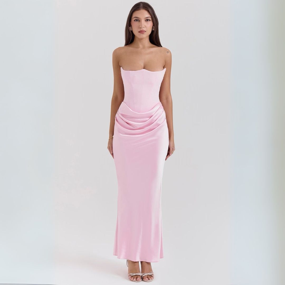 Loravelle dames satijnen strapless corsetjurk – elegante maxi-jurk met geplooid detail