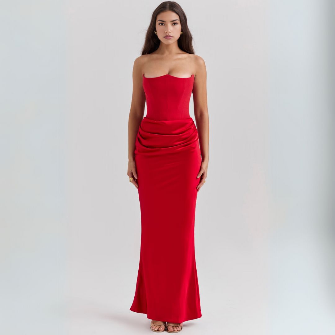 Loravelle dames satijnen strapless corsetjurk – elegante maxi-jurk met geplooid detail