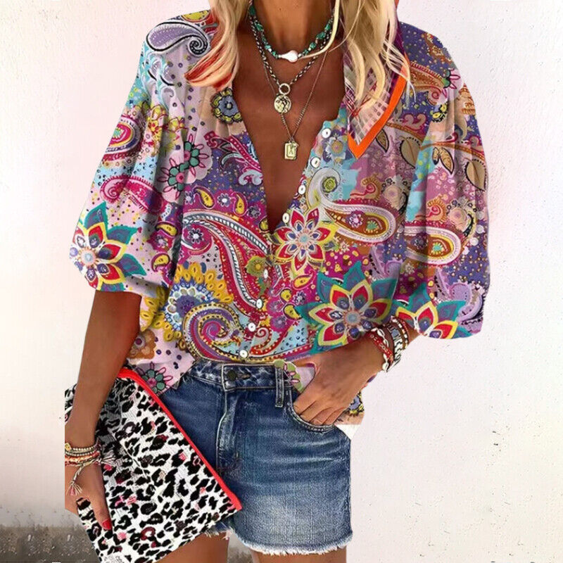 Dames Zomer Blouse met Print – Lichtgewicht Blouse met Knoopsluiting & Halflange Mouwen